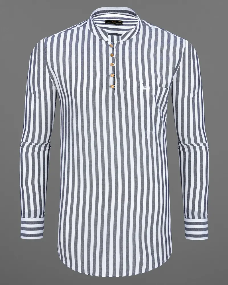 Bright White With Kimberly Gray Striped Premium Tencel Kurta Shirt 6