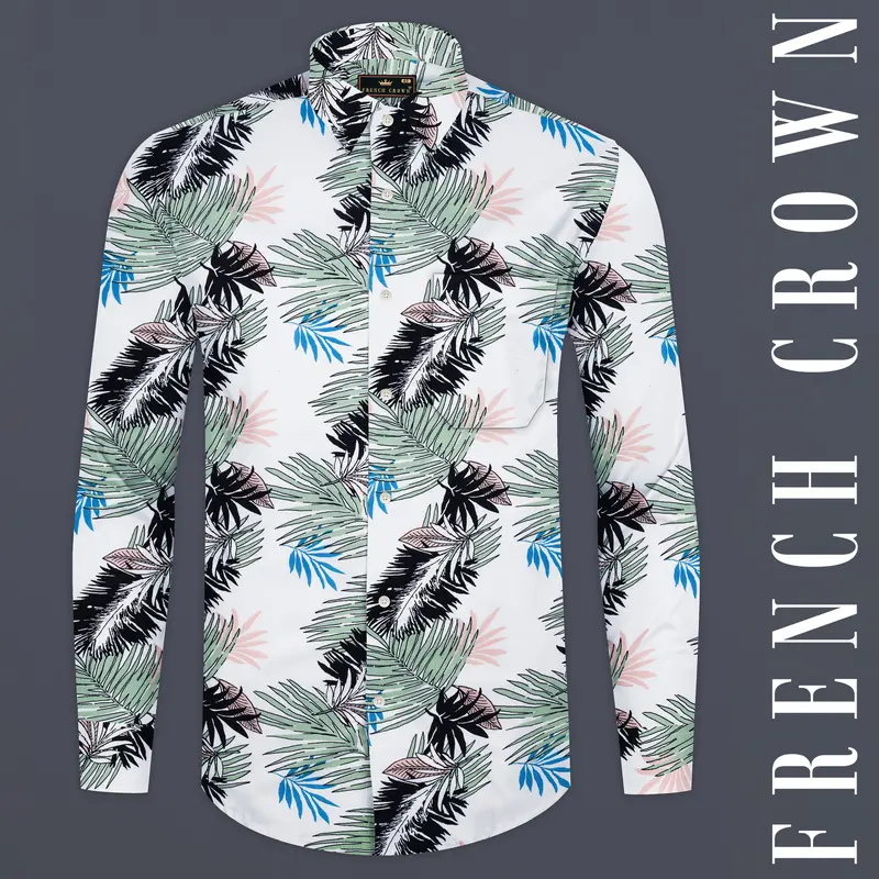 Bright White With Laurel Green And Black Tropical Printed Premium Tencel Shirt 1