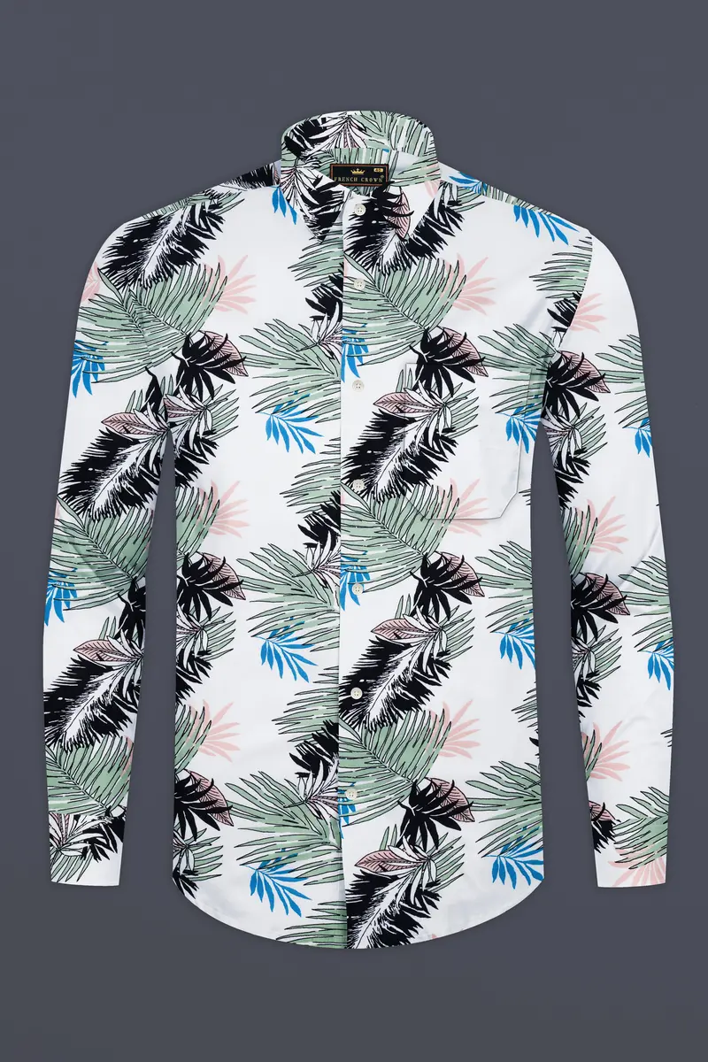 Bright White With Laurel Green And Black Tropical Printed Premium Tencel Shirt 2