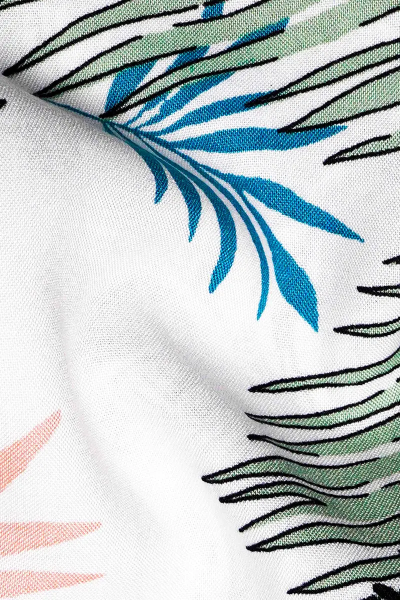 Bright White With Laurel Green And Black Tropical Printed Premium Tencel Shirt 3