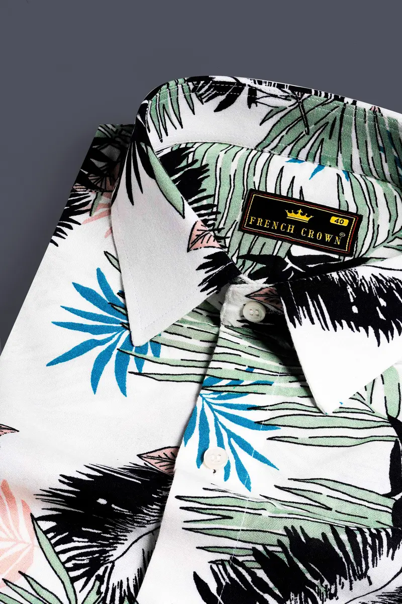 Bright White With Laurel Green And Black Tropical Printed Premium Tencel Shirt 4