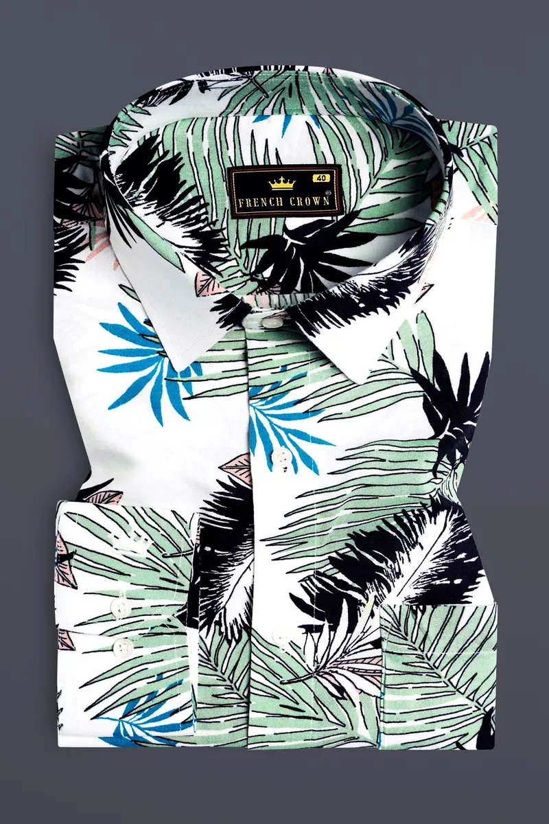 Bright White With Laurel Green And Black Tropical Printed Premium Tencel Shirt 5