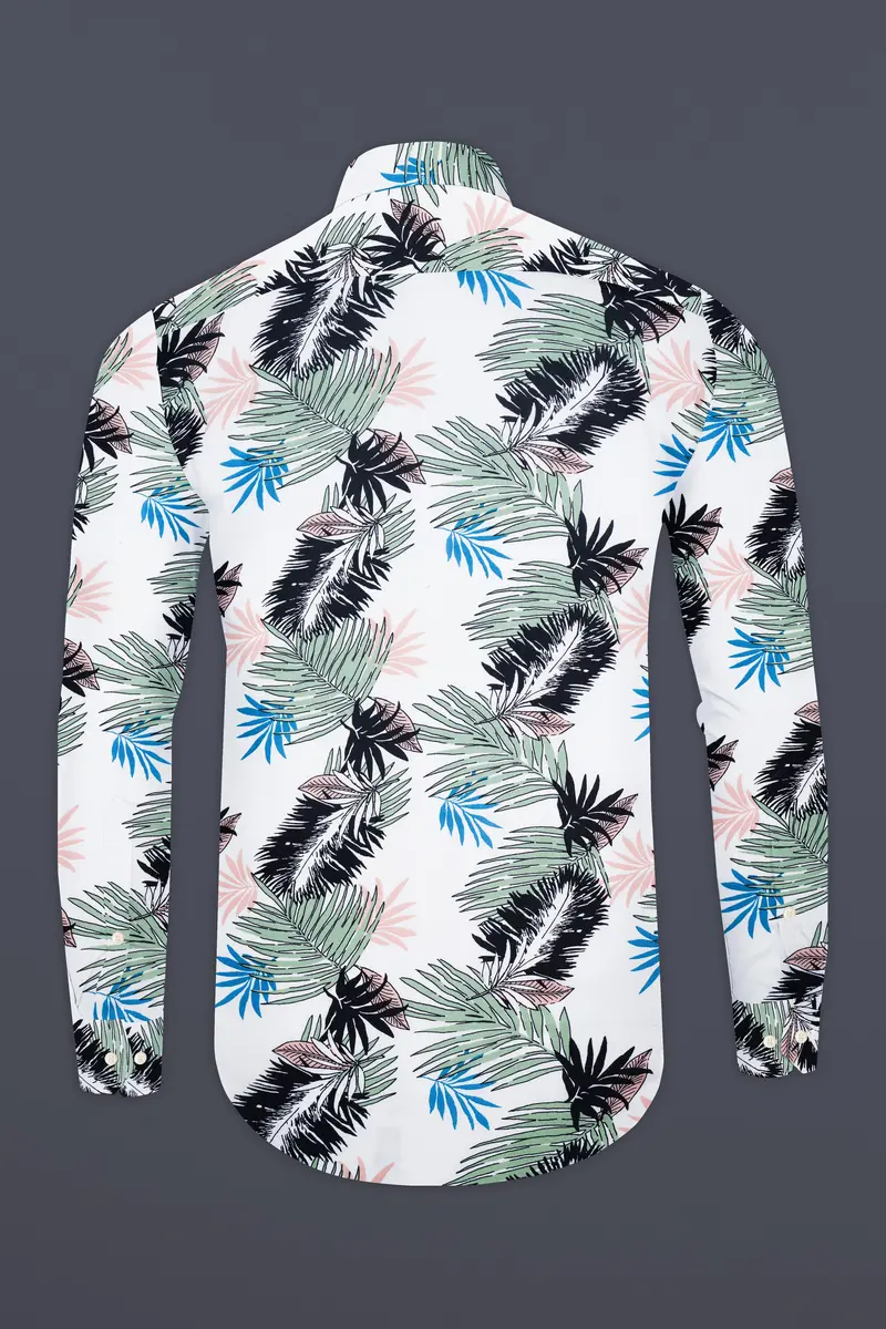 Bright White With Laurel Green And Black Tropical Printed Premium Tencel Shirt 6