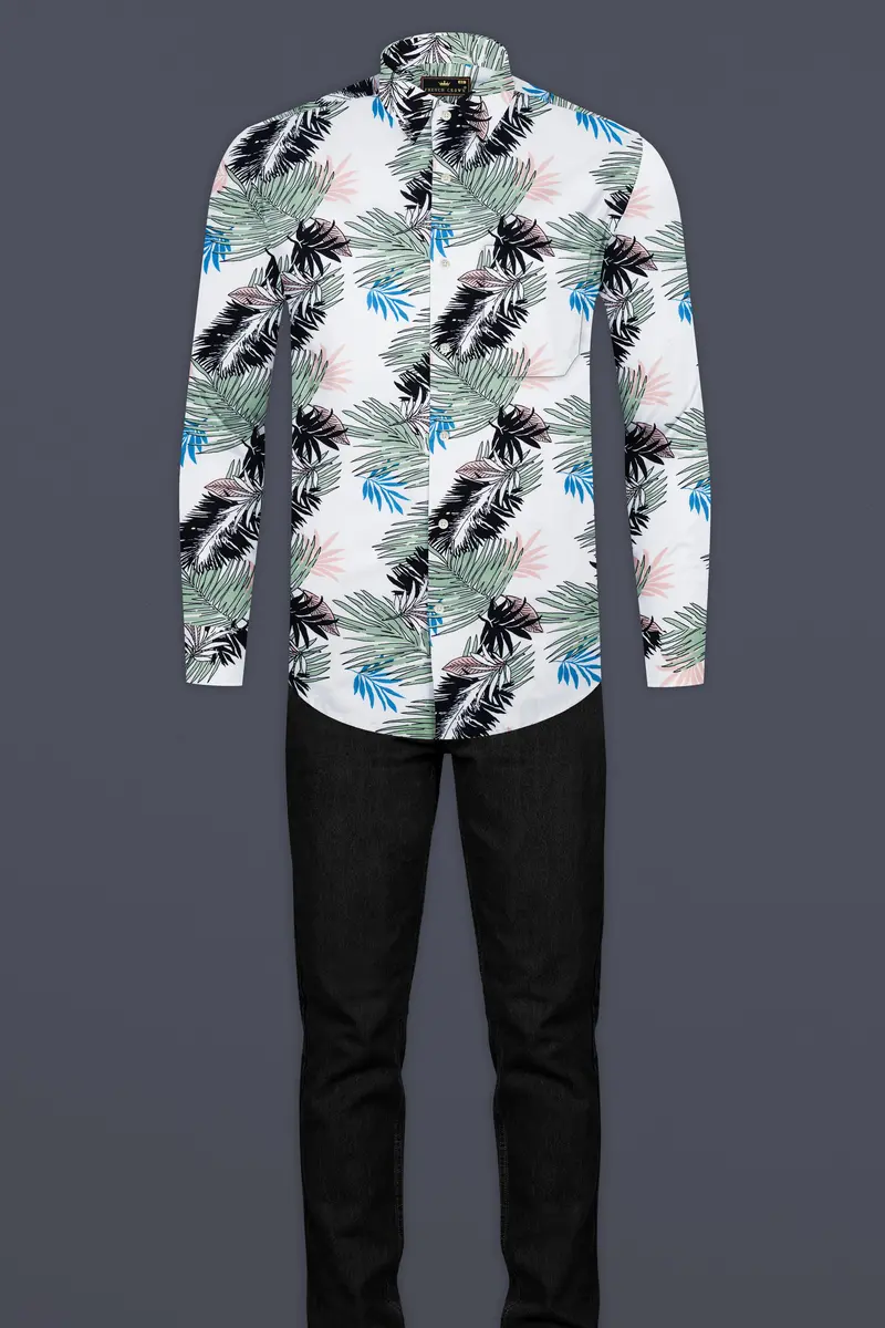 Bright White With Laurel Green And Black Tropical Printed Premium Tencel Shirt 7