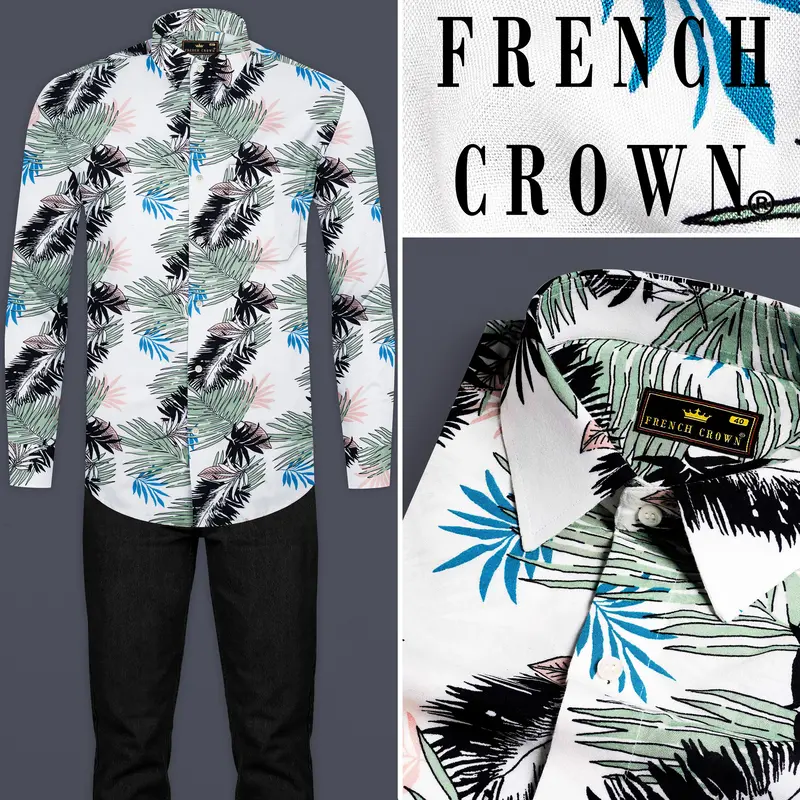 Bright White With Laurel Green And Black Tropical Printed Premium Tencel Shirt 8