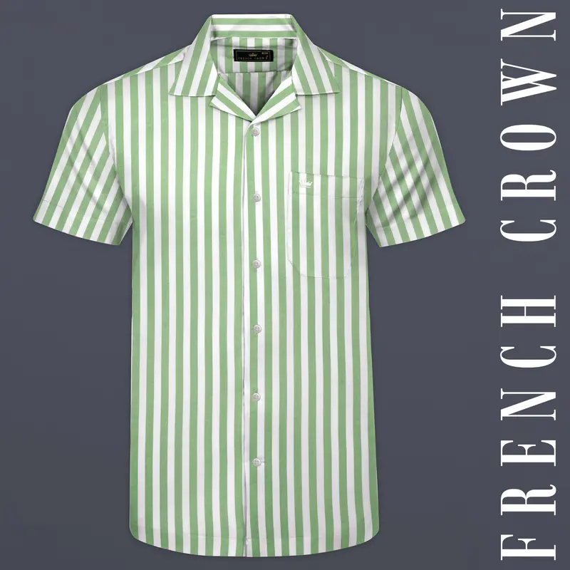 Bright White With Lichen Green Striped Premium Tencel Shirt 1