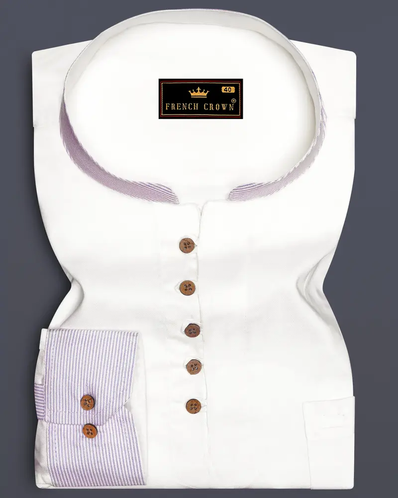 Bright White With Lilac Cuff-Collar Royal Oxford Kurta Shirt 1