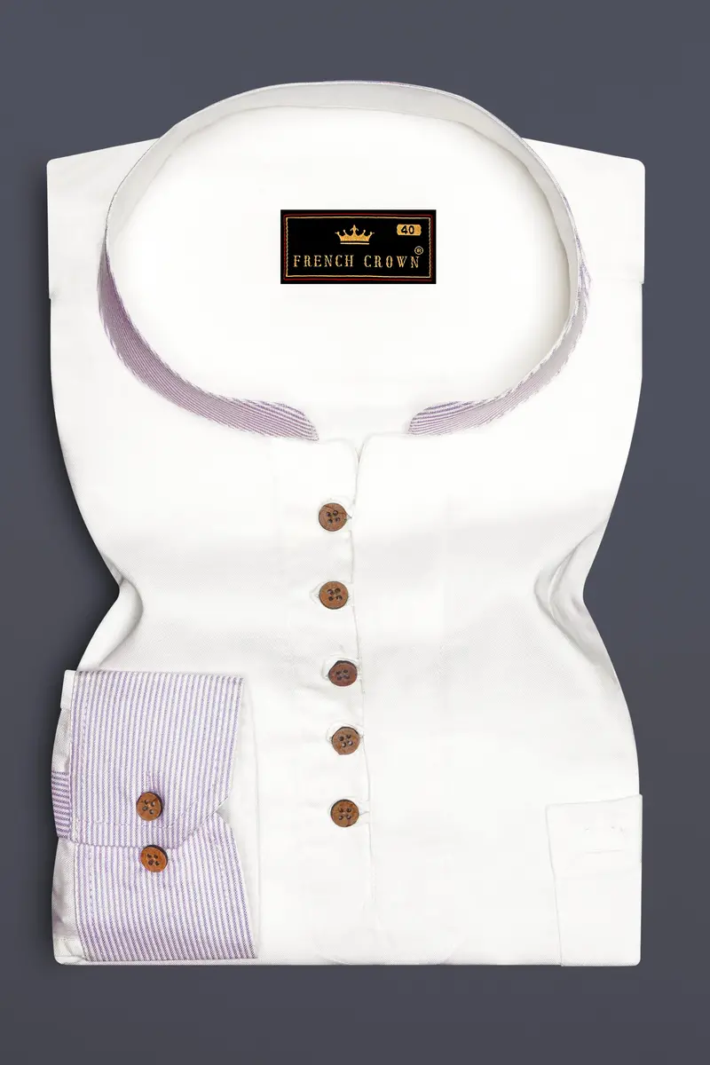 Bright White With Lilac Cuff-Collar Royal Oxford Kurta Shirt 2