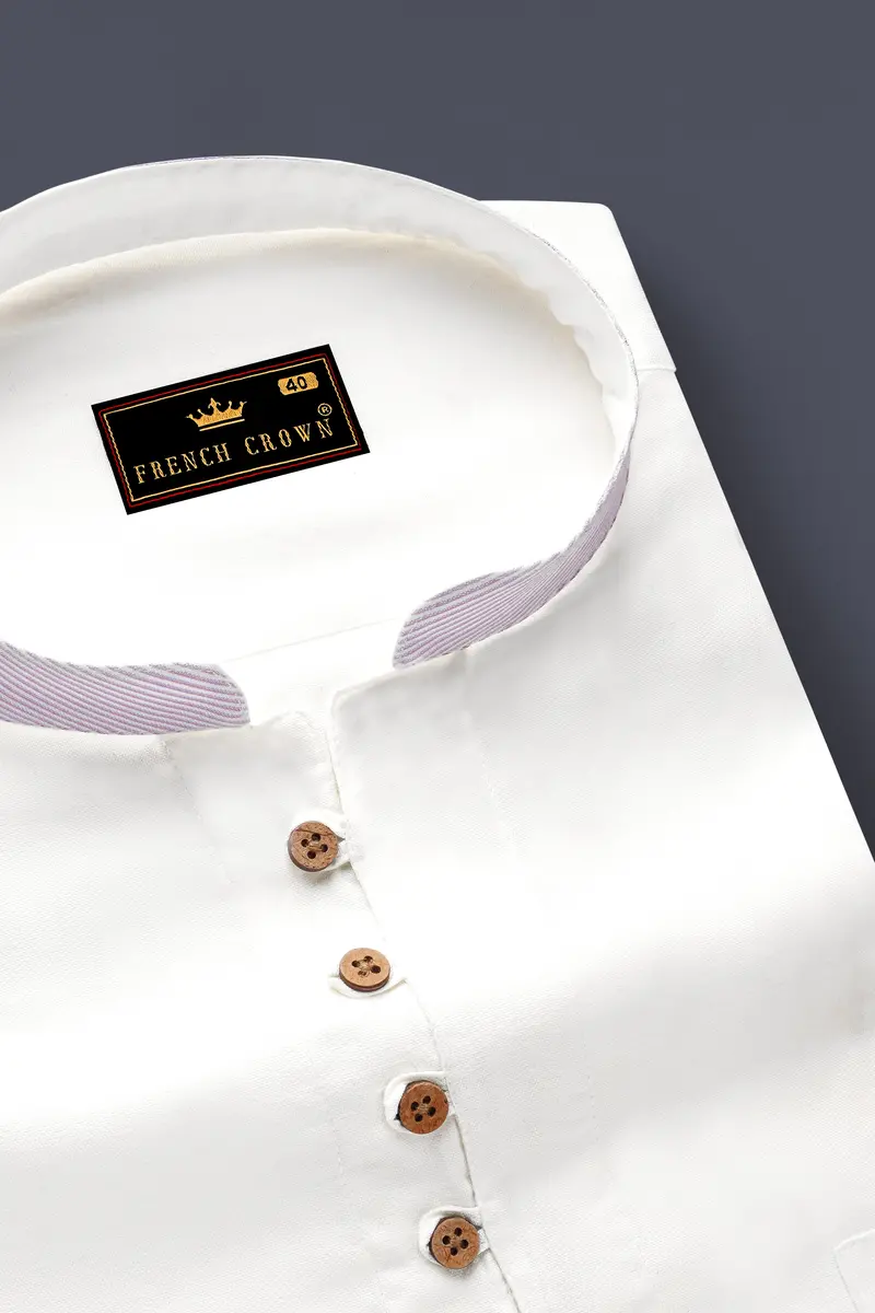 Bright White With Lilac Cuff-Collar Royal Oxford Kurta Shirt 4