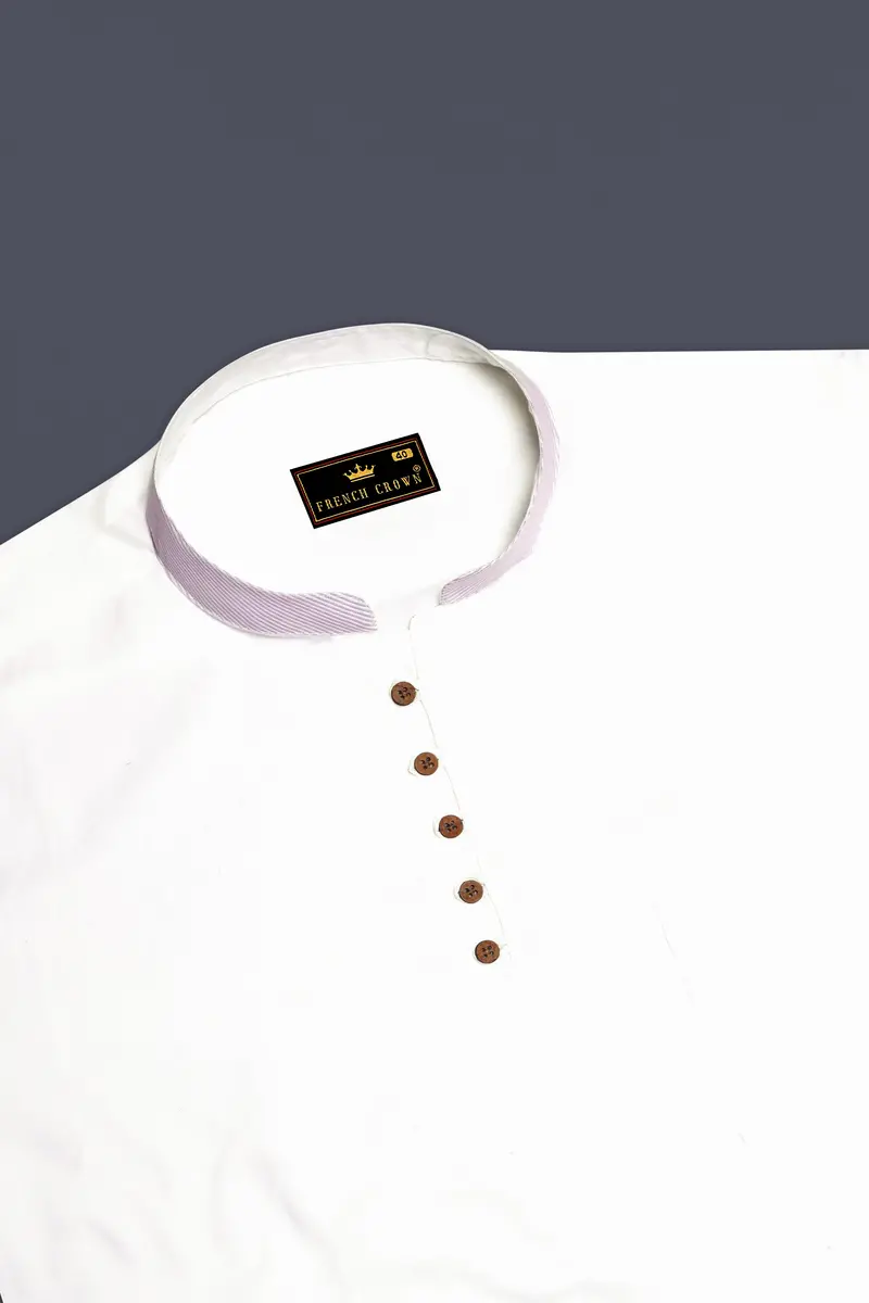 Bright White With Lilac Cuff-Collar Royal Oxford Kurta Shirt 5