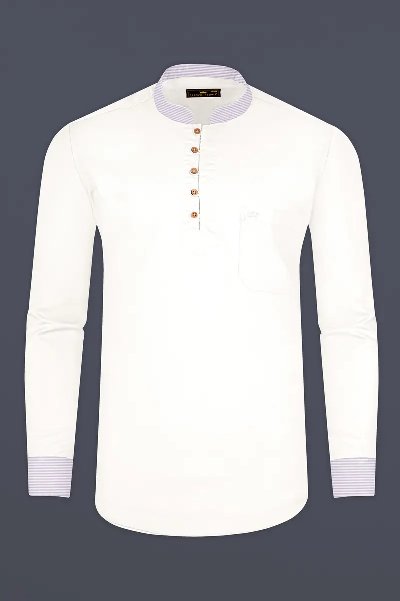 Bright White With Lilac Cuff-Collar Royal Oxford Kurta Shirt 6