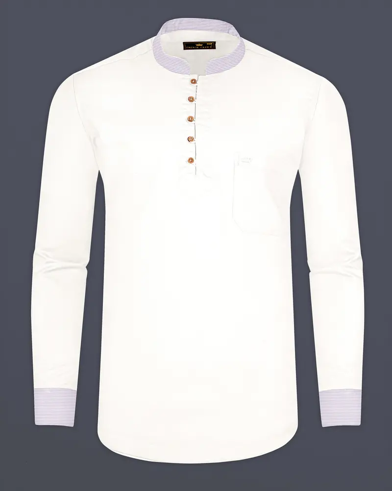 Bright White With Lilac Cuff-Collar Royal Oxford Kurta Shirt 8
