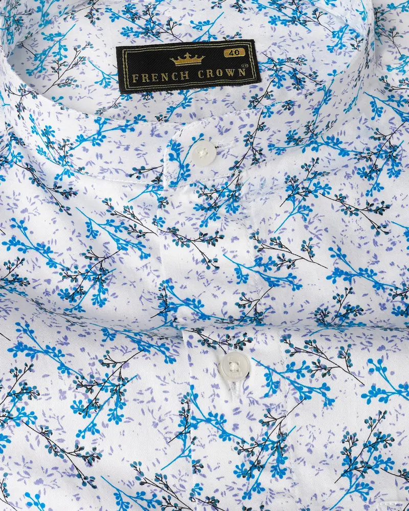Bright White With Mackerel Blue Ditsy Printed Super Soft Premium Cotton Shirt 1