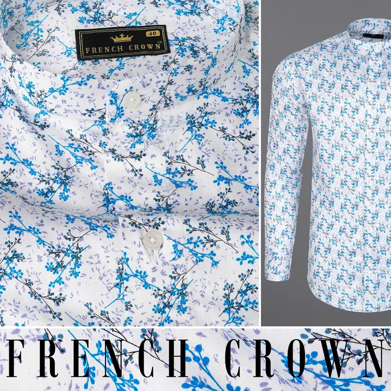 Bright White With Mackerel Blue Ditsy Printed Super Soft Premium Cotton Shirt 10