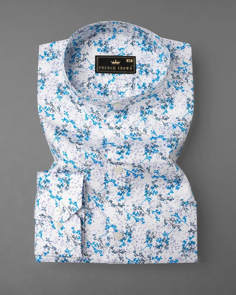 Bright White With Mackerel Blue Ditsy Printed Super Soft Premium Cotton Shirt 3
