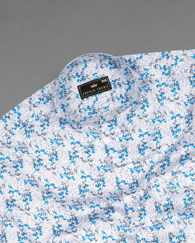Bright White With Mackerel Blue Ditsy Printed Super Soft Premium Cotton Shirt 4