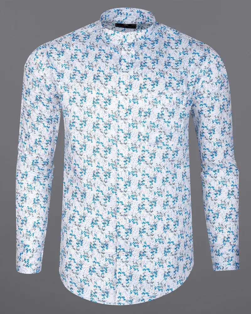 Bright White With Mackerel Blue Ditsy Printed Super Soft Premium Cotton Shirt 5