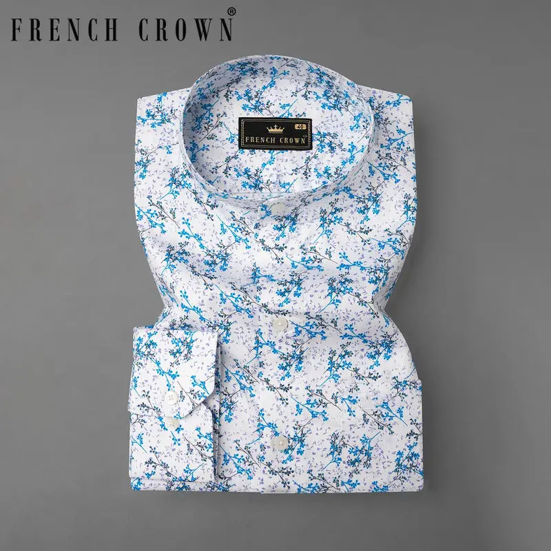 Bright White With Mackerel Blue Ditsy Printed Super Soft Premium Cotton Shirt 7