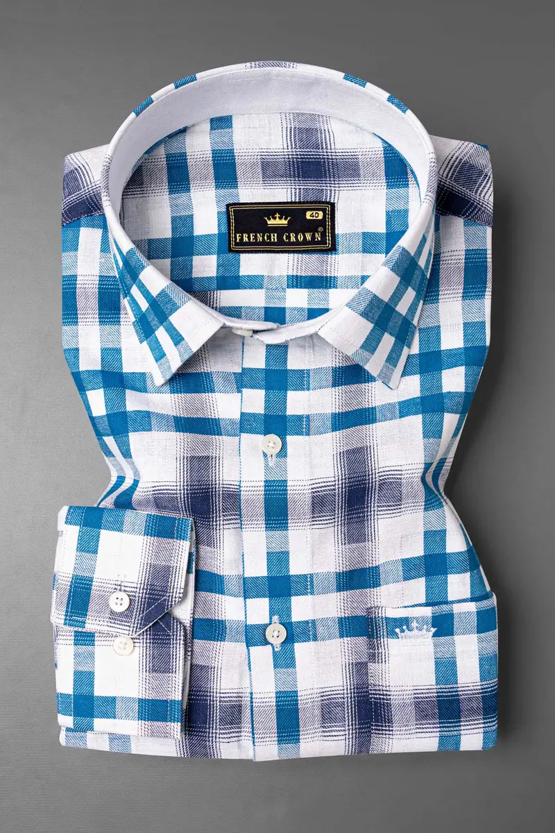 Bright White With Madison Blue Checkered Twill Premium Cotton Shirt 3
