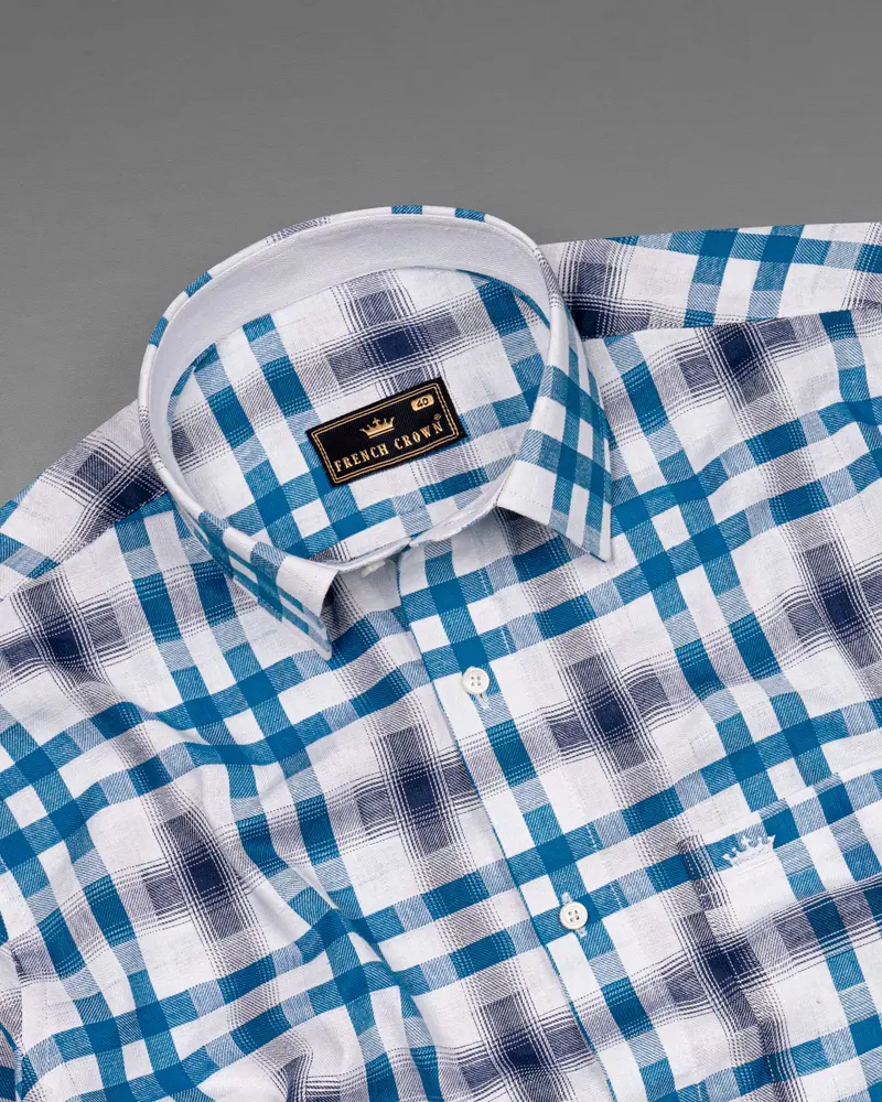 Bright White With Madison Blue Checkered Twill Premium Cotton Shirt 4
