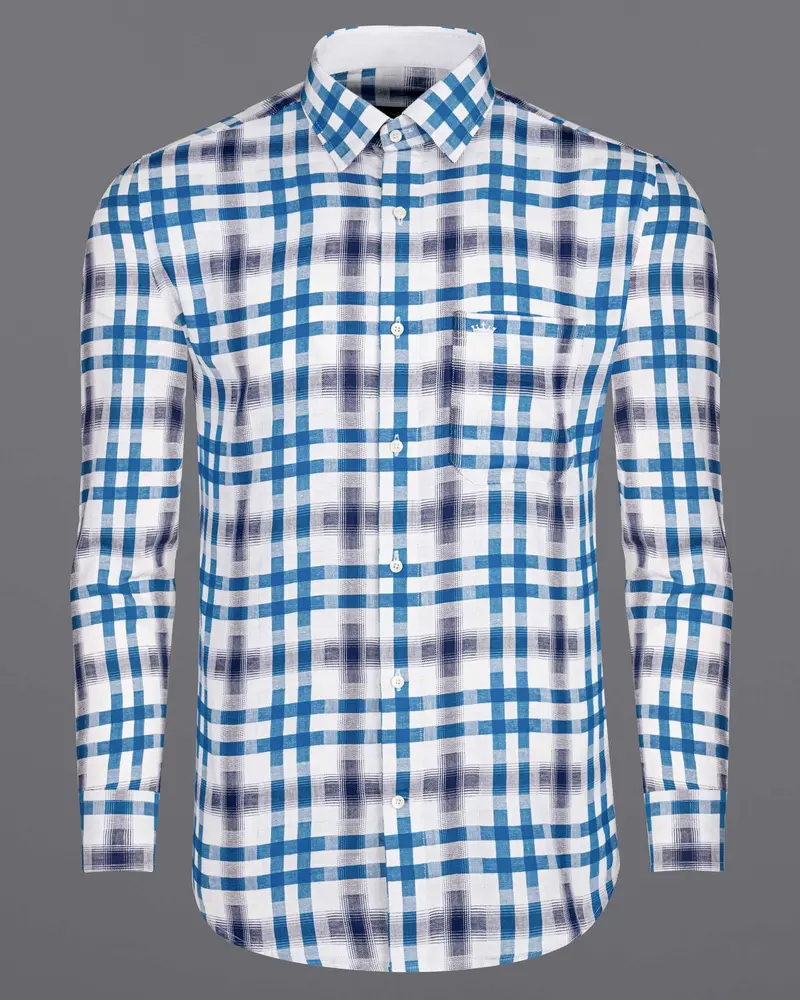Bright White With Madison Blue Checkered Twill Premium Cotton Shirt 5