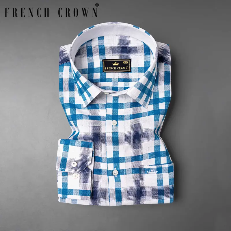 Bright White With Madison Blue Checkered Twill Premium Cotton Shirt 7