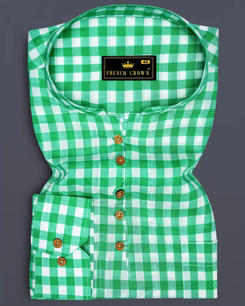 Bright White With Malachite Green Gingham Premium Cotton Kurta Shirt 1