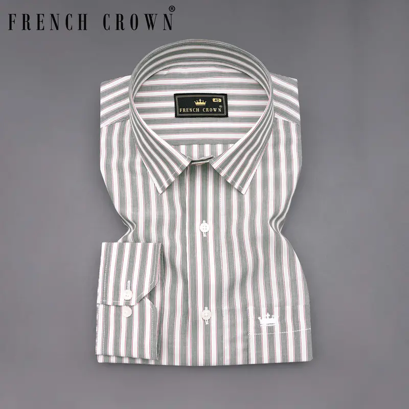 Bright White With Mallard Green And Monza Red Striped Premium Cotton Shirt 7