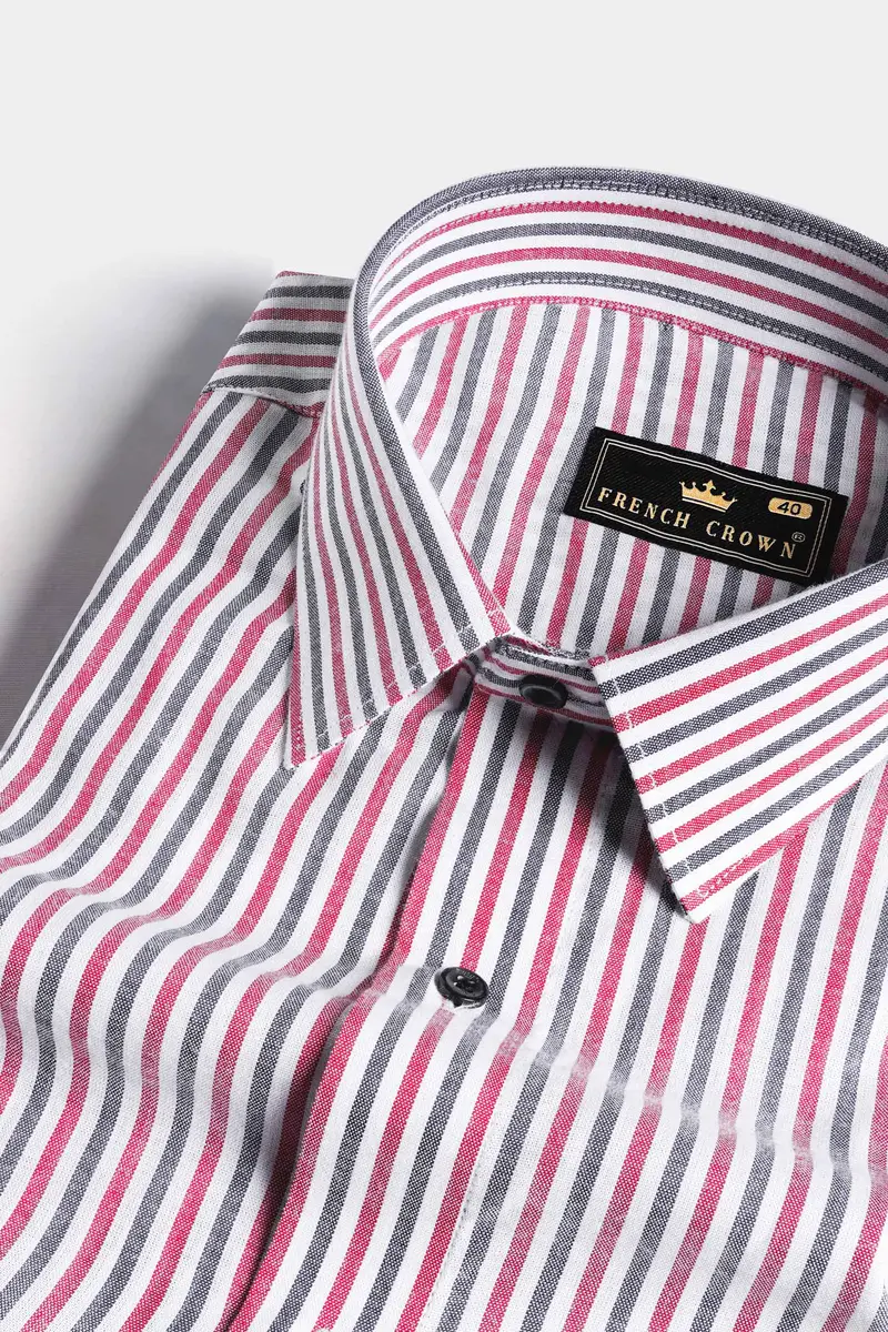 Bright White With Mandy Pink And Boulder Gray Striped Royal Oxford Shirt 1