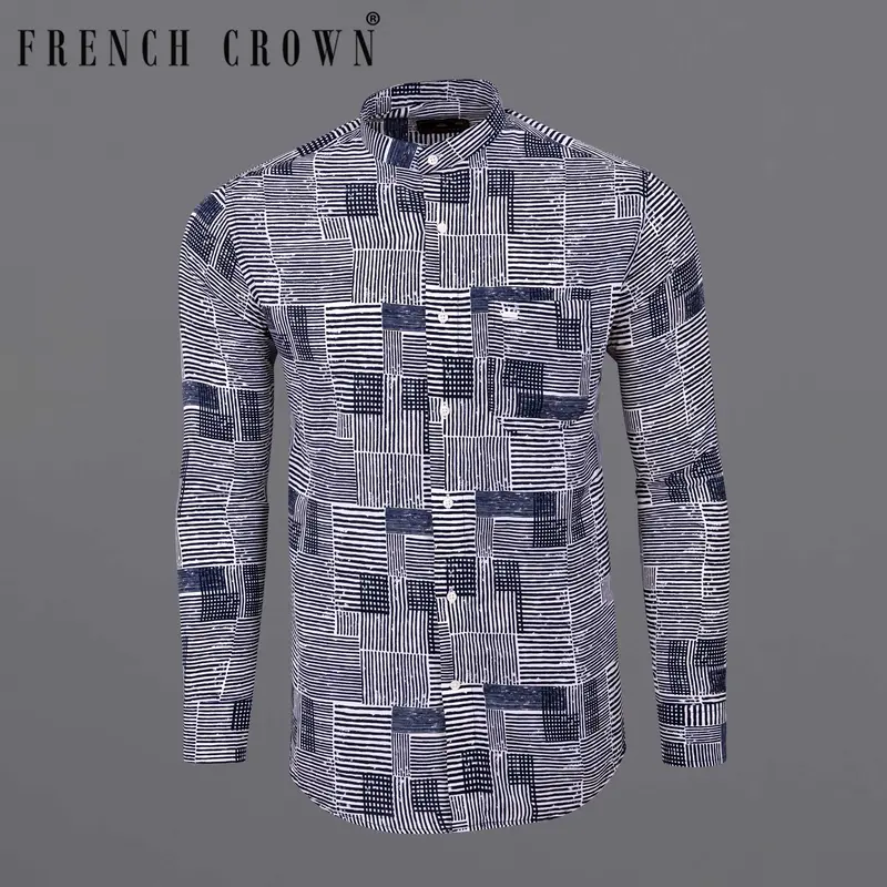 Bright White With Martinique Blue Printed Premium Tencel Shirt 8