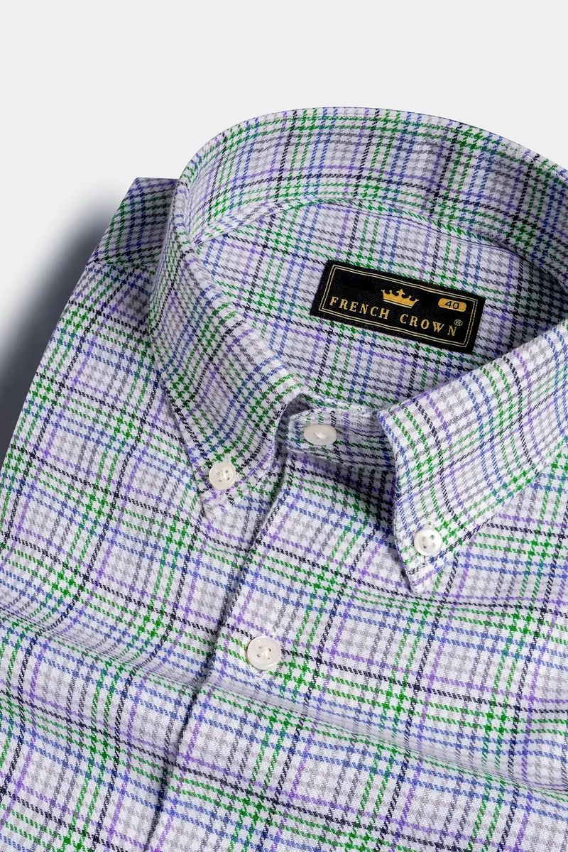 Bright White With Matcha Green And Azure Blue Checkered Houndstooth Shirt 1