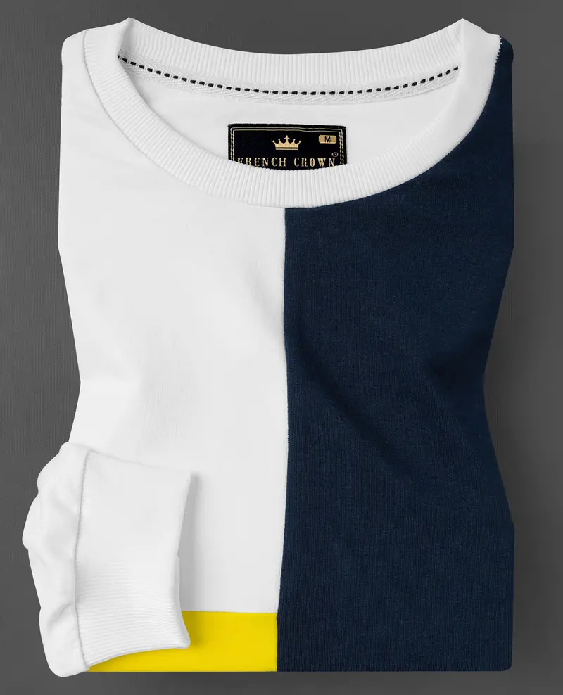 Bright White With Mirage Blue And Aureolin Yellow Colour Block Sweatshirt 1