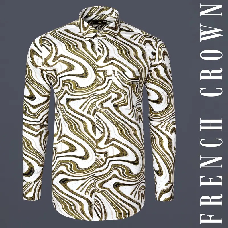 Bright White With Moccasin Green Weave Printed Super Soft Premium Cotton Shirt 1