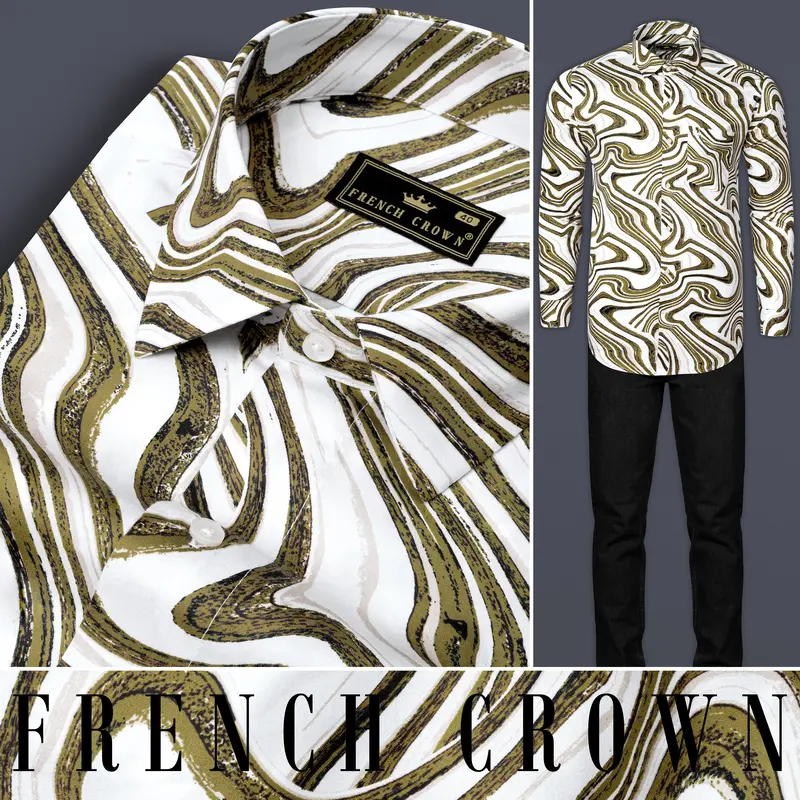 Bright White With Moccasin Green Weave Printed Super Soft Premium Cotton Shirt 11