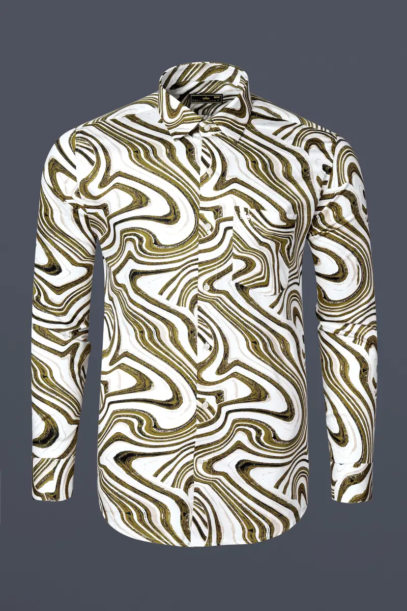 Bright White With Moccasin Green Weave Printed Super Soft Premium Cotton Shirt 2