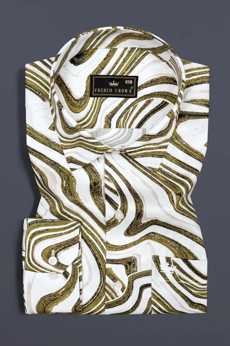Bright White With Moccasin Green Weave Printed Super Soft Premium Cotton Shirt 5