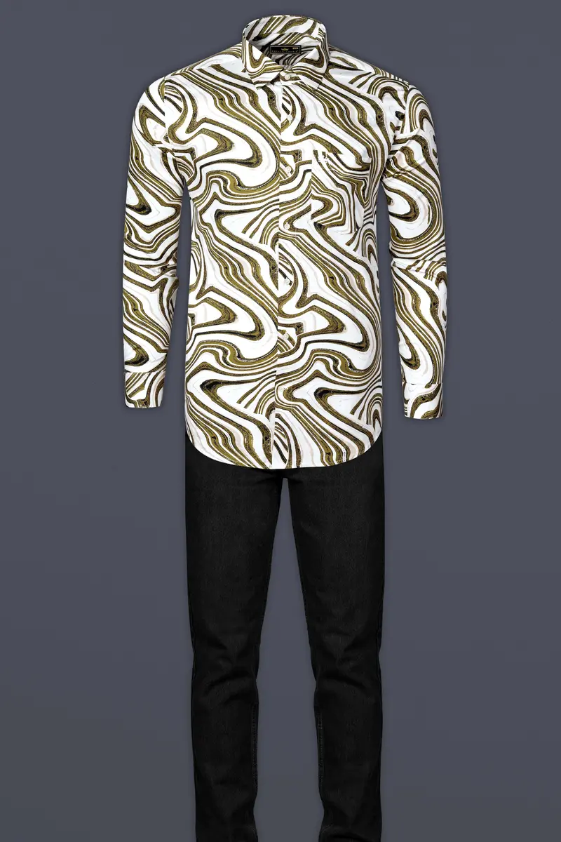 Bright White With Moccasin Green Weave Printed Super Soft Premium Cotton Shirt 7