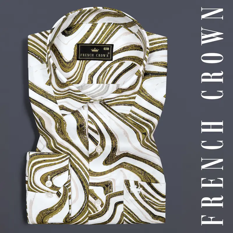Bright White With Moccasin Green Weave Printed Super Soft Premium Cotton Shirt 8