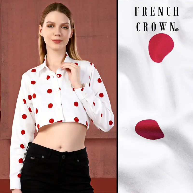 Bright White With Monza Red Polka Dots Premium Cotton Crop Shirt 1