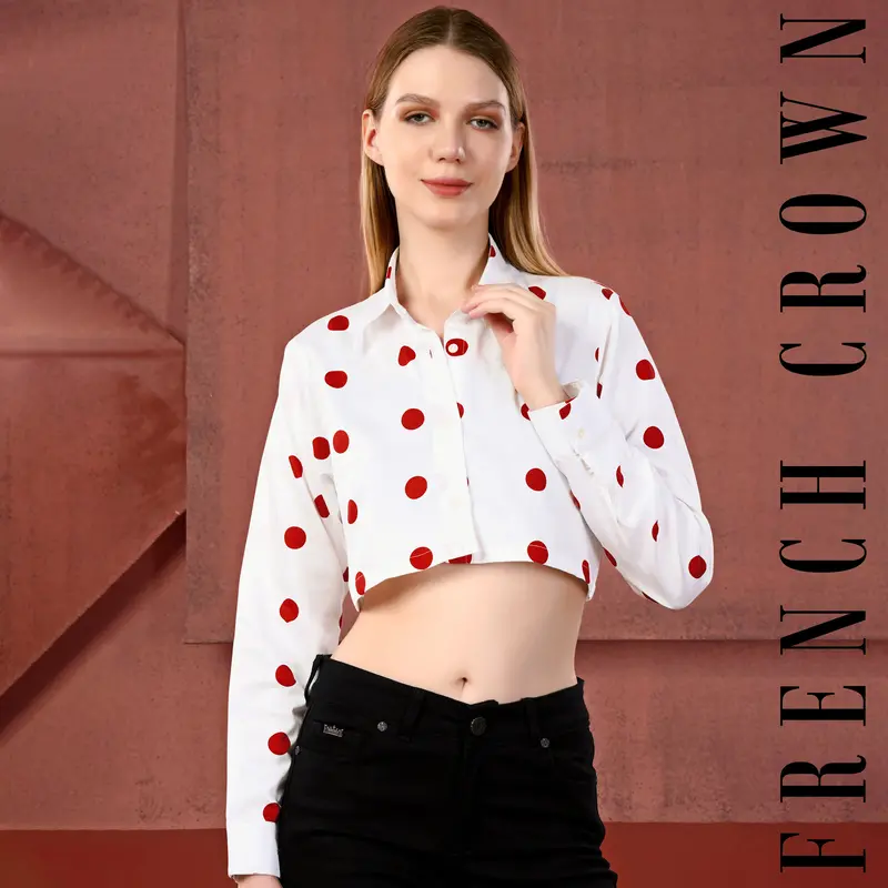 Bright White With Monza Red Polka Dots Premium Cotton Crop Shirt 1