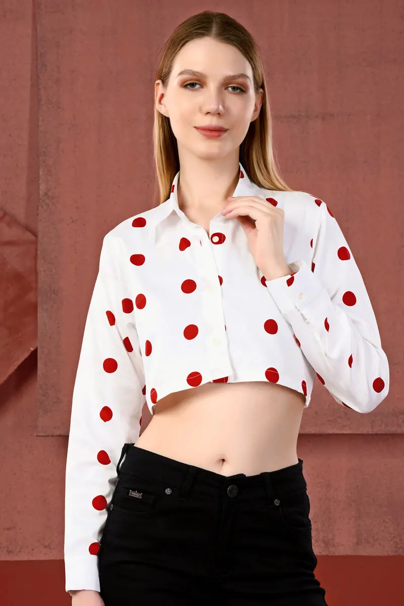 Bright White With Monza Red Polka Dots Premium Cotton Crop Shirt 2