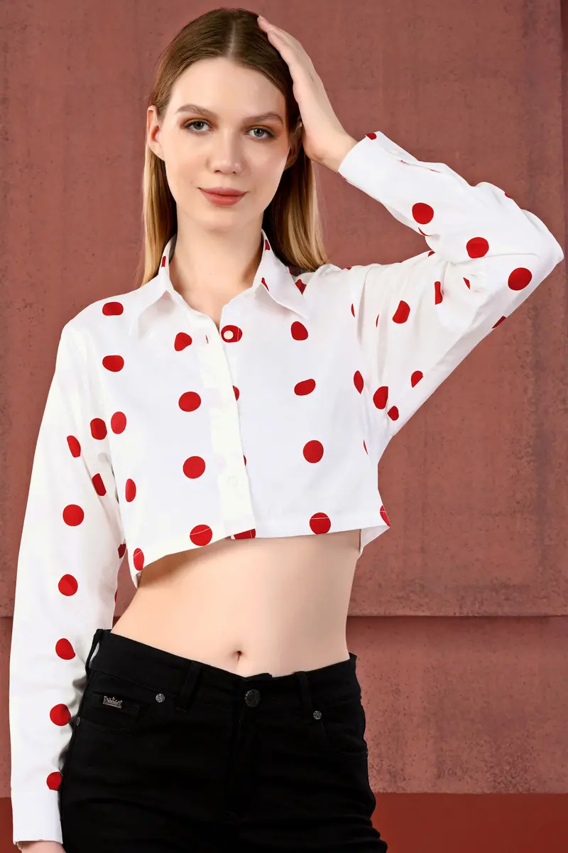 Bright White With Monza Red Polka Dots Premium Cotton Crop Shirt 4