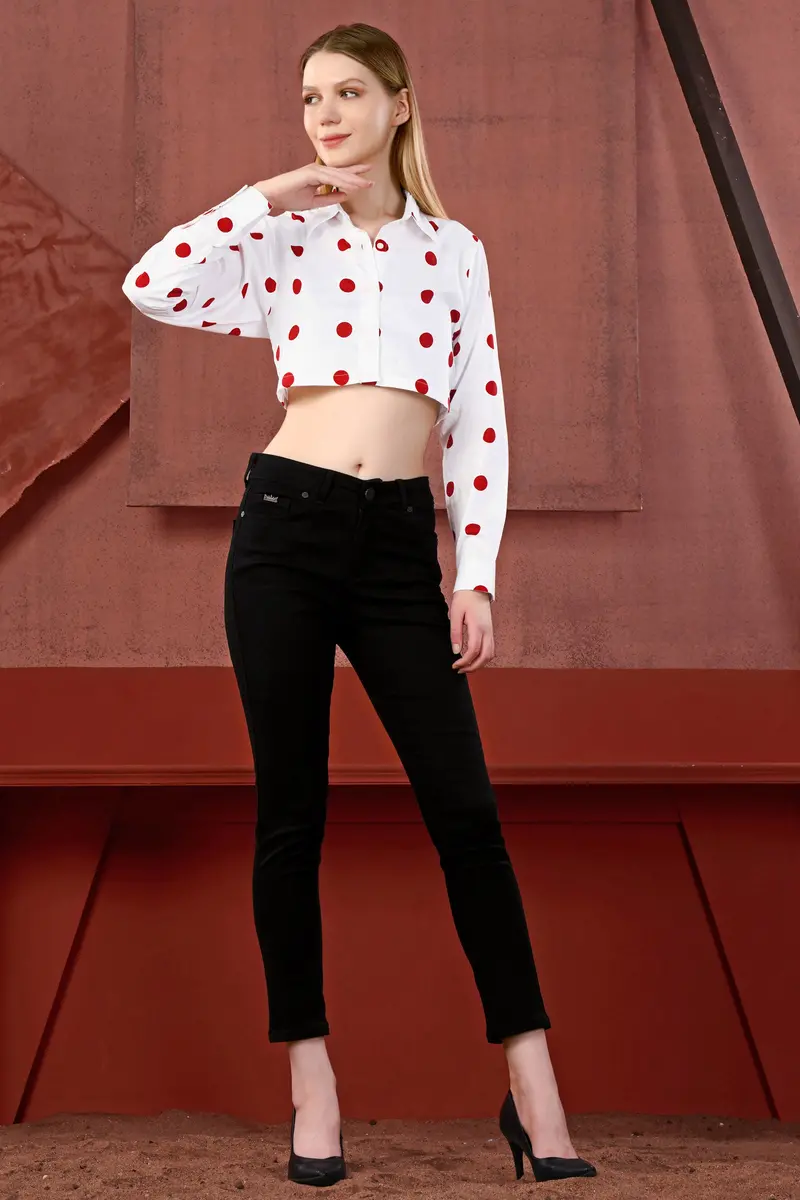 Bright White With Monza Red Polka Dots Premium Cotton Crop Shirt 5