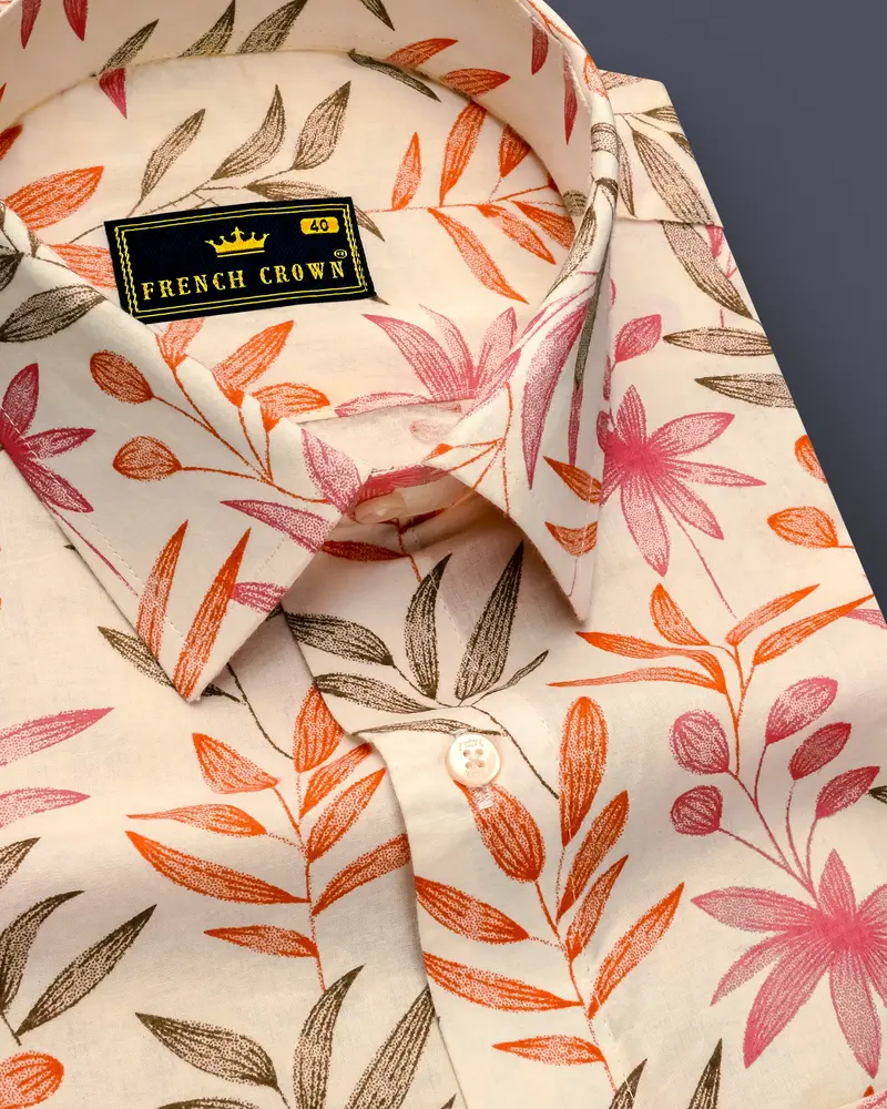 Bright White With Multi Coloured Leaves Printed Premium Cotton Shirt 1