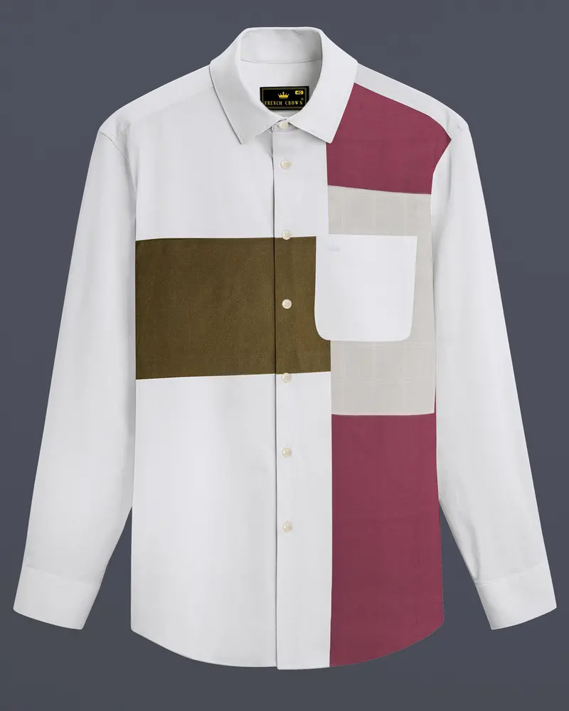 Bright White With Multicolor Patch Work Dobby Textured Premium Giza Cotton Designer Shirt 1