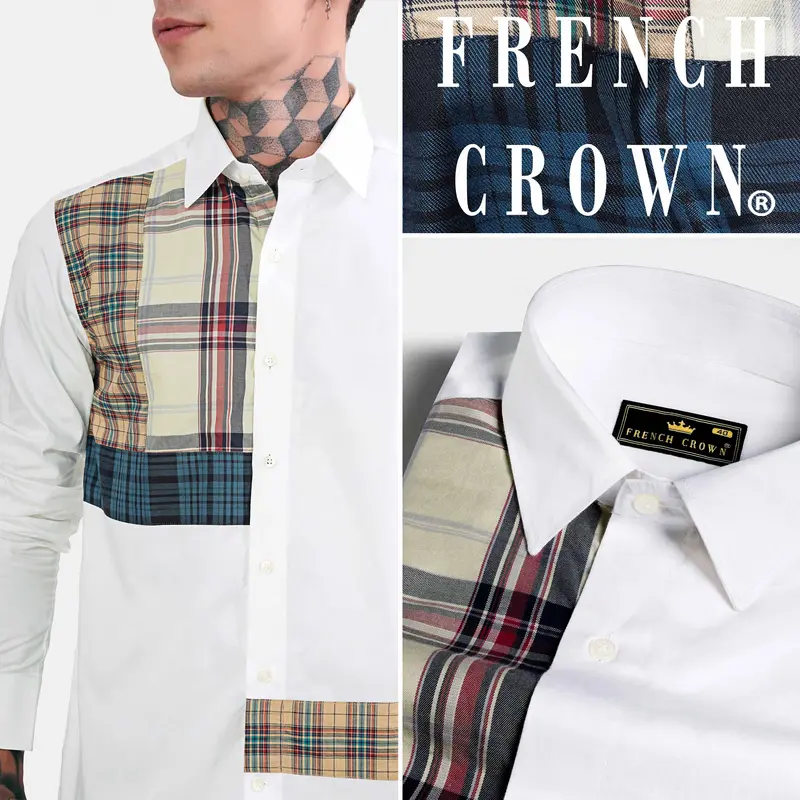 Bright White With Multicolour Checkered Subtle Sheen Super Soft Premium Cotton Designer Shirt 10