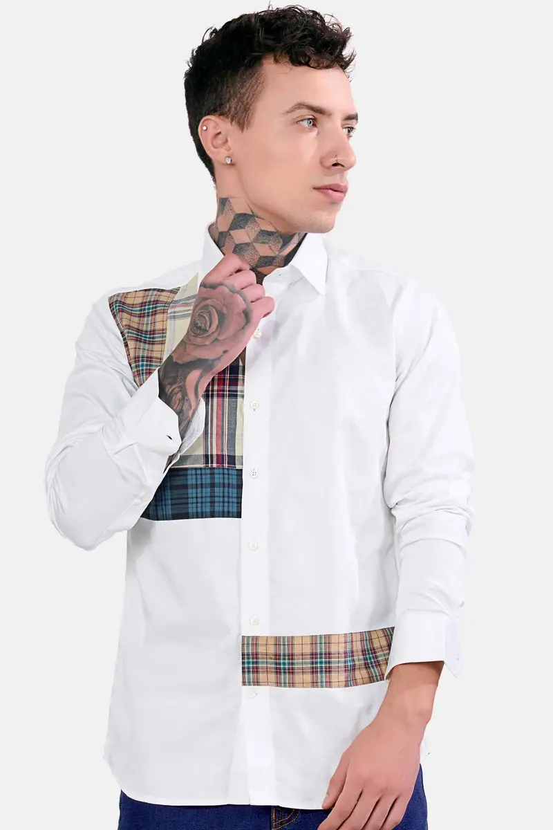 Bright White With Multicolour Checkered Subtle Sheen Super Soft Premium Cotton Designer Shirt 6