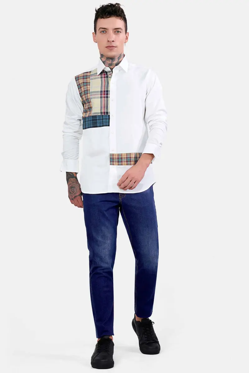 Bright White With Multicolour Checkered Subtle Sheen Super Soft Premium Cotton Designer Shirt 7