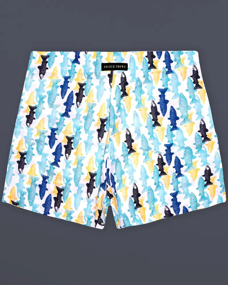 Bright White With Multicolour Fish Printed Super Soft Premium Cotton Boxer 1