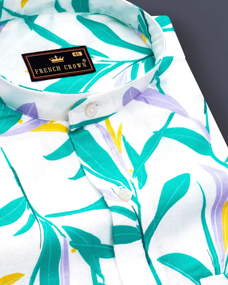 Bright White With Multicolour Leaves Printed Royal Oxford Shirt 1